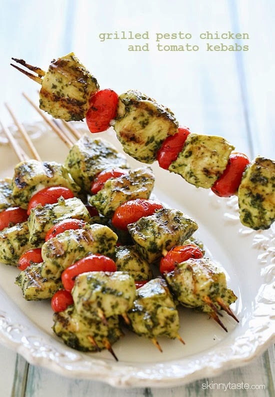 Grilled Pesto Chicken and Tomato Kabobs