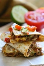 I make Crock Pot Picadillo all the time in my house (Madison's number one request), and because it makes so much I like to get creative with my leftovers. I came up with this quesadilla for lunch one day and my husband said I should put it on the blog, so I thought with Cinco De Mayo coming, it would be fun to do some Cuban-Mexi fusion.