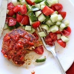Making meatloaf in the skillet is perfect for busy weeknights – it's ready in less than 30 minutes! I took my basic turkey meatloaf recipe, swapped the ketchup for jarred Mina Harrisa (or you can use homemade), added shredded zucchini and made them in the skillet.