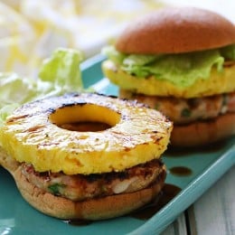 If I can't be in paradise, at least I can bring a little paradise to my backyard with these grilled shrimp burgers topped with grilled pineapple and a homemade pineapple teriyaki sauce – just under 300 calories!