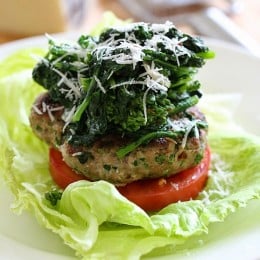 These Broccoli Rabe Turkey Burgers are deliciously flavorful – I skipped the bun, served them over lettuce and topped with sauteed broccoli rabe