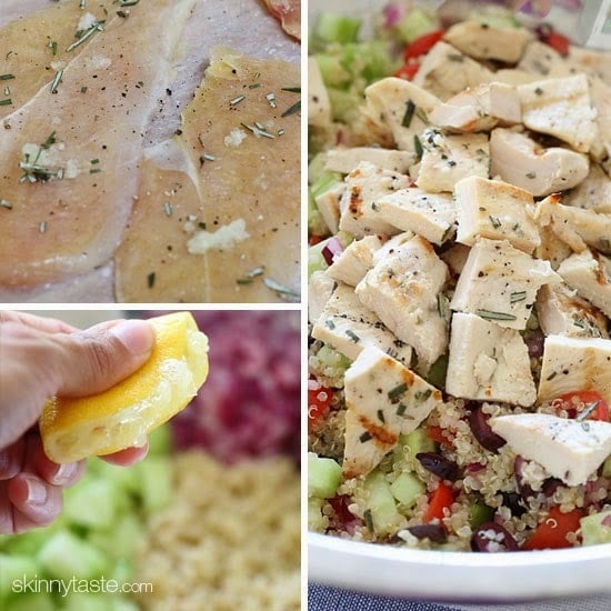 Chicken and quinoa salad made with cucumbers, feta, tomatoes and olives is perfect for summer!