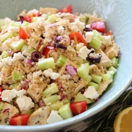 Chicken and quinoa salad made with cucumbers, feta, tomatoes and olives is perfect for summer!