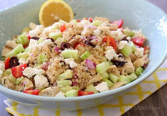 Chicken and quinoa salad made with cucumbers, feta, tomatoes and olives is perfect for summer!