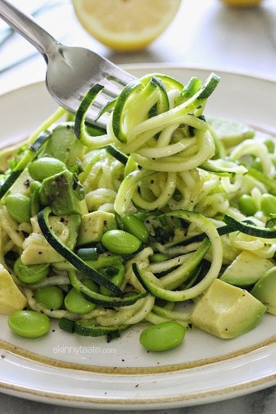 Spiralized Raw Zucchini Salad with Avocado and Edamame