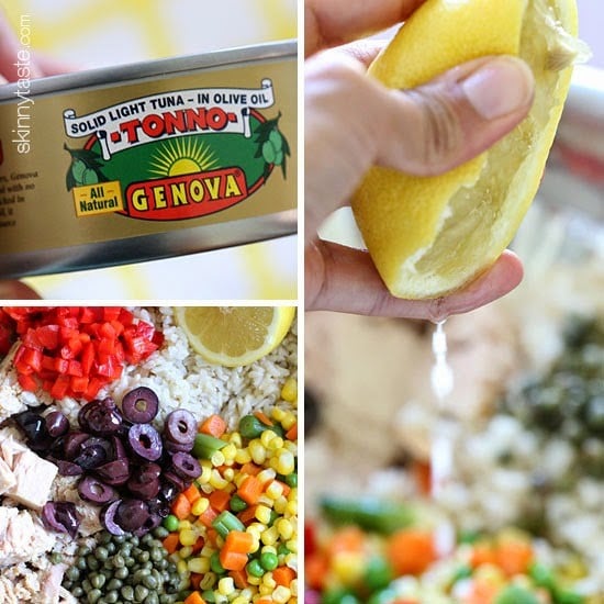 Italian tuna and brown rice salad is wonderful, easy lunch using basic pantry items such as tuna, brown rice, capers and good quality chopped olives plus some frozen mixed vegetables and fresh lemon juice.