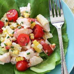Chilled Lobster Salad with Sweet Summer Corn and Tomatoes, the perfect light summer salad made with sweet summer corn, grape tomatoes, garden herbs and chilled steamed lobster.