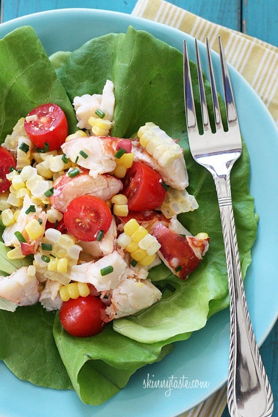 Chilled Lobster Salad with Sweet Summer Corn and Tomatoes, the perfect light summer salad made with sweet summer corn, grape tomatoes, garden herbs and chilled steamed lobster.