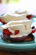 Grilled Vegetable Towers with Mozzarella are layered with grilled, marinated eggplant, zucchini, yellow squash, red onion and bell peppers topped with fresh mozzarella.