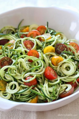 Raw Spiralized Zucchini Noodles with Tomatoes and Pesto is my favorite easy, end-of-summer vegetarian dish made with raw, garden vegetables and homemade pesto.