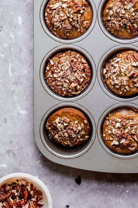 Moist and delicious Maple Pecan Banana Muffins, so good you won't believe they are light!