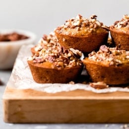 Moist and delicious Maple Pecan Banana Muffins, so good you won't believe they are light!