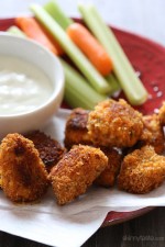 Healthy, Buffalo Chicken Nuggets baked in the oven are spicy and delicious! Crispy and golden on the outside with tender chicken breast on the inside, so good!