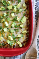 Quinoa Fiesta Enchilada Bake made with quinoa, black beans, corn, cilantro and green chiles topped with a quick homemade enchilada sauce and cheesy goodness!