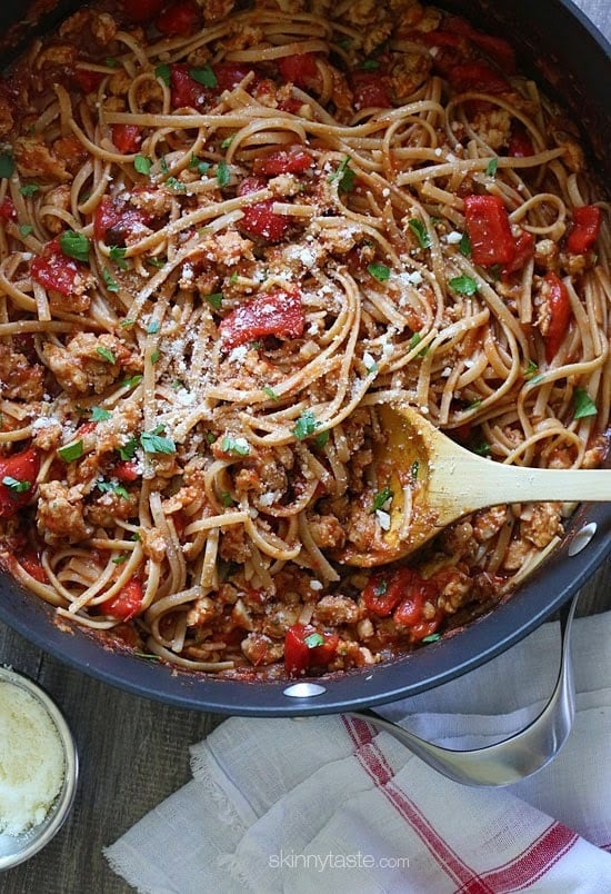 Spicy Whole Wheat Linguini with Sausage and Roasted Peppers – A hearty, delicious pasta dish – ready in 30 minutes.
