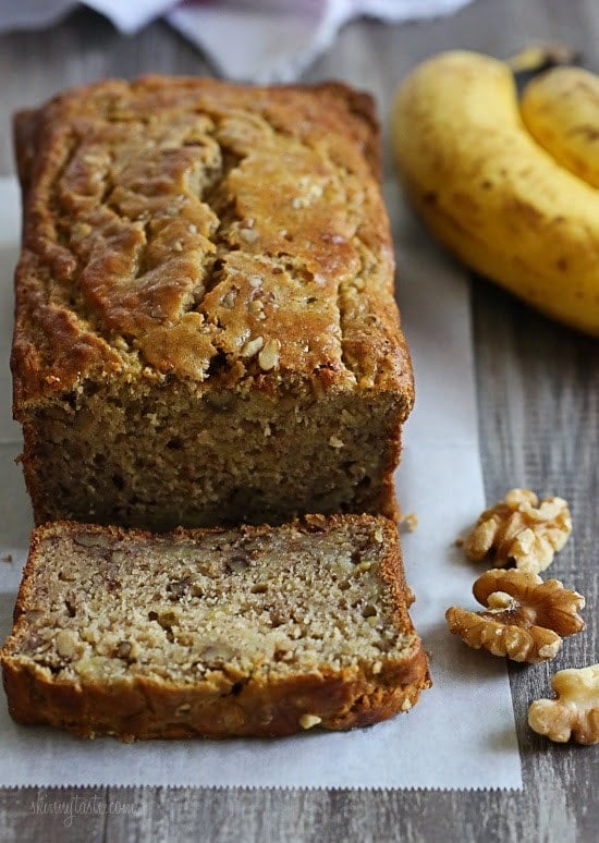 Gluten-Free Lightened Up Banana Nut Bread Delicious, low-fat, gluten-free banana nut bread made two-ways! So moist and delicious, you can't tell it's light. My family went bananas for this!!