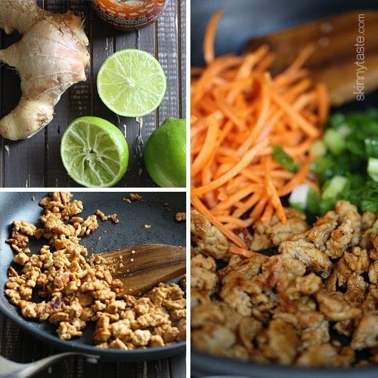 Not your ordinary tacos – these Thai chicken lettuce tacos are spicy and exotic, made with my light peanut sauce which I make with PB2 (powdered peanut butter) sriracha, ginger and spices. To balance out the spice, I chose to serve these in crisp cool lettuce wraps but tortillas would work great too!