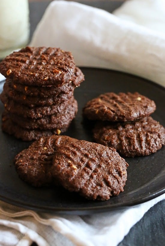 These cookies are amazing!!! And so easy to make, you don't even need a mixer! Only 5 ingredients including Nutella, Chunky Almond Butter and Cocoa Powder.