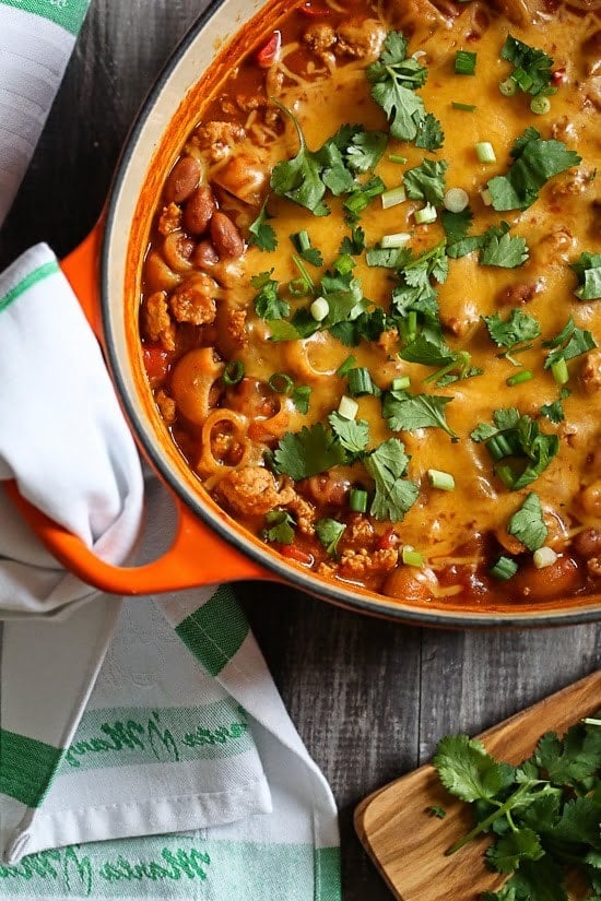 One Pot Cheesy Turkey Taco Chili Mac One Pot Cheesy Turkey Taco Chili Mac recipe is so easy and protein packed! Made with taco seasoning, beans, and pasta shells topped with cheese is a favorite in my home! Bonus points for dirtying only one pot!