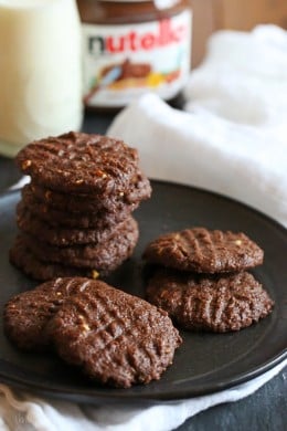 These cookies are amazing!!! And so easy to make, you don't even need a mixer! Only 5 ingredients including Nutella, Chunky Almond Butter and Cocoa Powder.