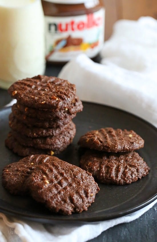 These cookies are amazing!!! And so easy to make,  you don't even need a mixer! Only 5 ingredients including Nutella, Chunky Almond Butter and Cocoa Powder.