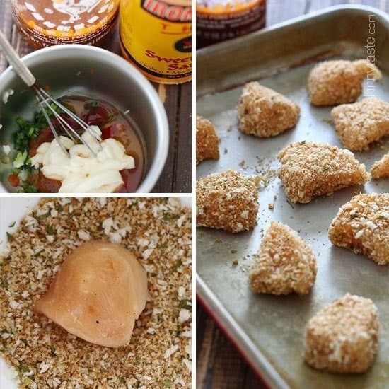 Bangin Good Chicken Salad is delicious, made with tender chunks of breaded chicken baked until golden topped with delicious Bang Bang sauce. I served this over mixed greens and swooned with every bite!