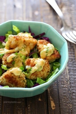 Bangin Good Chicken Salad is delicious, made with tender chunks of breaded chicken baked until golden topped with delicious Bang Bang sauce. I served this over mixed greens and swooned with every bite!