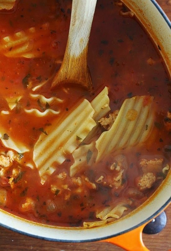 Lasagna Soup has everything you love about lasagna – all in one bowl of soup! Loaded with chicken sausage, lasagna noodles, marinara and cheese. It's easy, filling, hearty and perfect for a cold winter night. Best kid-friendly soup recipe.