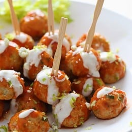 Buffalo Chicken Meatballs with toothpicks