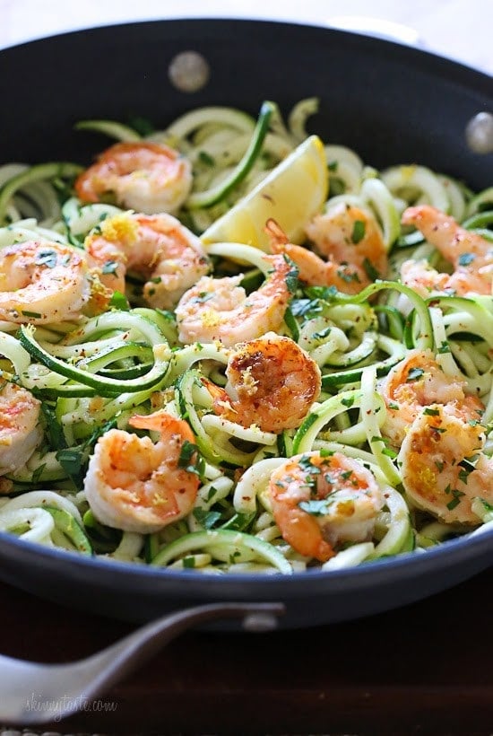 Shrimp Scampi Zoodles for Two, a delicious garlic shrimp and lemon dish over zucchini noodles is an EASY low-carb dish that takes less than 20 minutes! It's also gluten-free, paleo, Whole30 and keto!