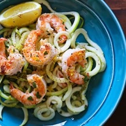 Shrimp Scampi Zoodles for Two, a delicious garlic shrimp and lemon dish over zucchini noodles is an EASY low-carb dish that takes less than 20 minutes! It's also gluten-free, paleo, Whole30 and keto!