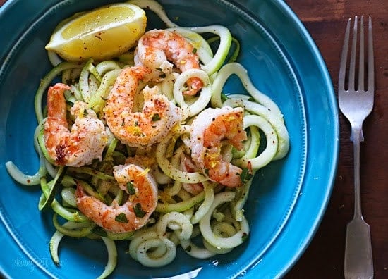 Shrimp Scampi Zoodles for Two, a delicious garlic shrimp and lemon dish over zucchini noodles is an EASY low-carb dish that takes less than 20 minutes! It's also gluten-free, paleo, Whole30 and keto!
