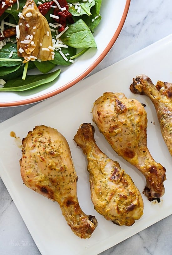 Easy weeknight dinner solution – grab some chicken, remove the skin, brush it with this Dijon-lime sauce and put it in the oven. You can make this with thighs or even breast if you prefer!