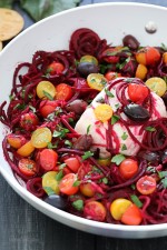 Beet noodles baked with tomatoes, red onion, olives and Feta. Serve this as an appetizer with some baked pita chips, as a side dish or even as a main dish, topped with grilled shrimp or chicken – this dish is a keeper!