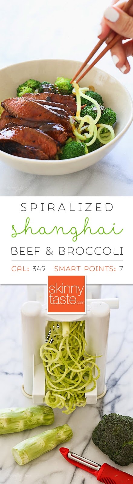 Spiralized Shanghai Beef and Broccoli Marinated sirloin steak with broccoli and spiralized broccoli noodles in a delicious hoisin sauce. This dish is out-of-this-world good, and so filling I couldn't even finish it! You NEED this in your life!