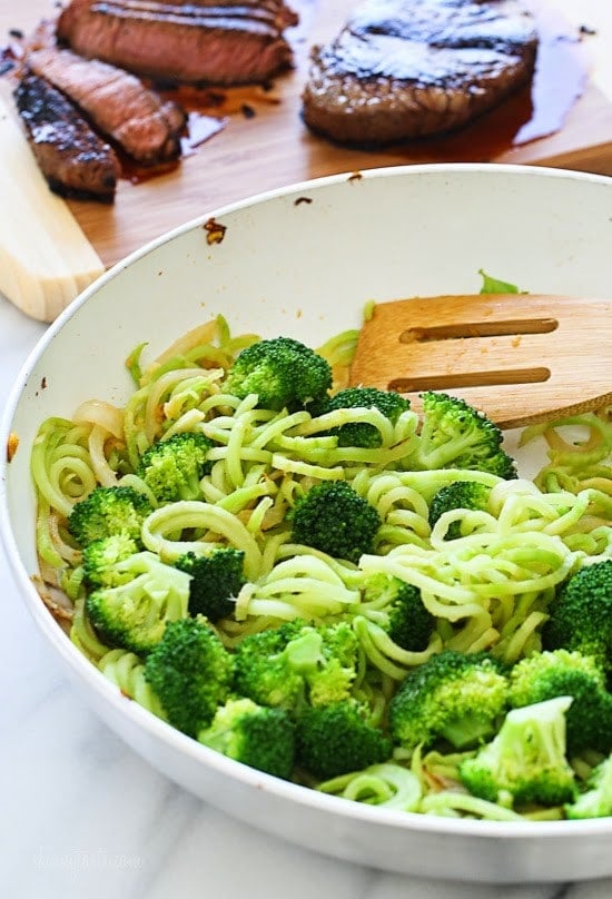Spiralized Shanghai Beef and Broccoli Marinated sirloin steak with broccoli and spiralized broccoli noodles in a delicious hoisin sauce. This dish is out-of-this-world good, and so filling I couldn't even finish it! You NEED this in your life!