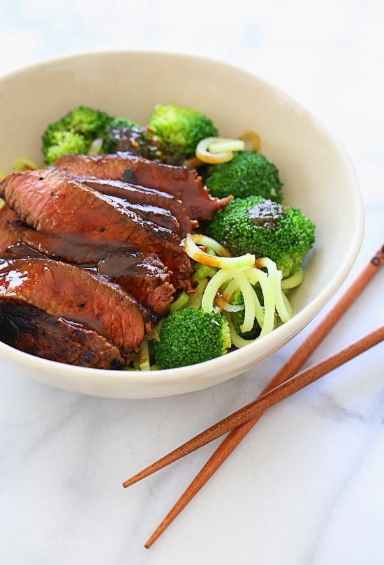 Spiralized Shanghai Beef and Broccoli Marinated sirloin steak with broccoli and spiralized broccoli noodles in a delicious hoisin sauce. This dish is out-of-this-world good, and so filling I couldn't even finish it! You NEED this in your life!