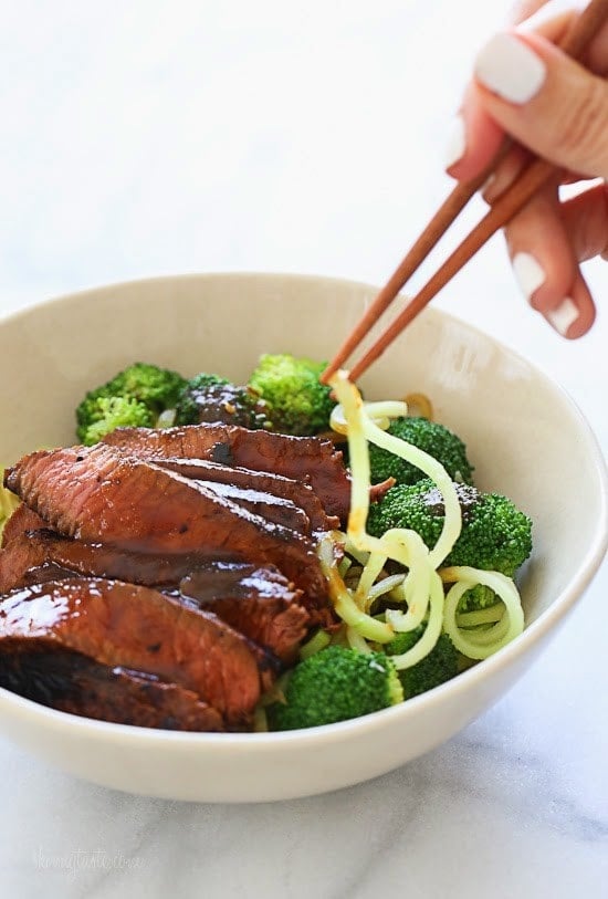Marinated sirloin steak with broccoli and spiralized broccoli noodles in a delicious hoisin sauce. This dish is out-of-this-world good, and so filling I couldn't even finish it! You NEED this in your life!