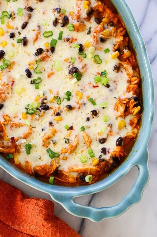 Spiralized Mexican Sweet Potato and Chicken Casserole This Mexican inspired casserole is made with spiralized sweet potatoes, shredded chicken, black beans and corn in a delicious guajillo pepper sauce topped with melted Pepper Jack cheese – SO good with generous portions.