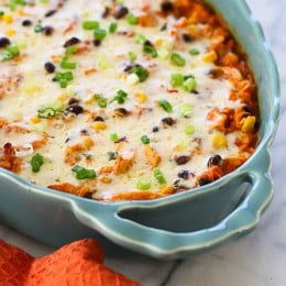 This Mexican inspired casserole is made with spiralized sweet potatoes, shredded chicken, black beans and corn in a delicious guajillo pepper sauce topped with melted Pepper Jack cheese – SO good, and the portions are very generous!