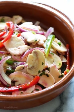 Mushroom ceviche marinated overnight with lemon juice, cilantro, red onion and bell pepper. All the flavors of ceviche without the seafood! 100% Vegetarian!