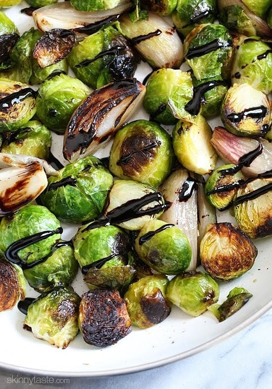 These pan roasted brussels sprouts and shallots are perfectly charred, and finished with a sweet balsamic glaze.