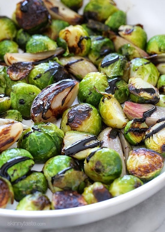 These pan roasted brussels sprouts and shallots are perfectly charred, and finished with a sweet balsamic glaze.