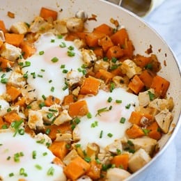 If you want a substantial breakfast, Sunday brunch or even lunch this is a great tasting dish! The sweet potatoes are savory, sauteed with onions and thyme and tossed with leftover diced chicken with eggs. Perfect for Sunday brunch or a light dinner.