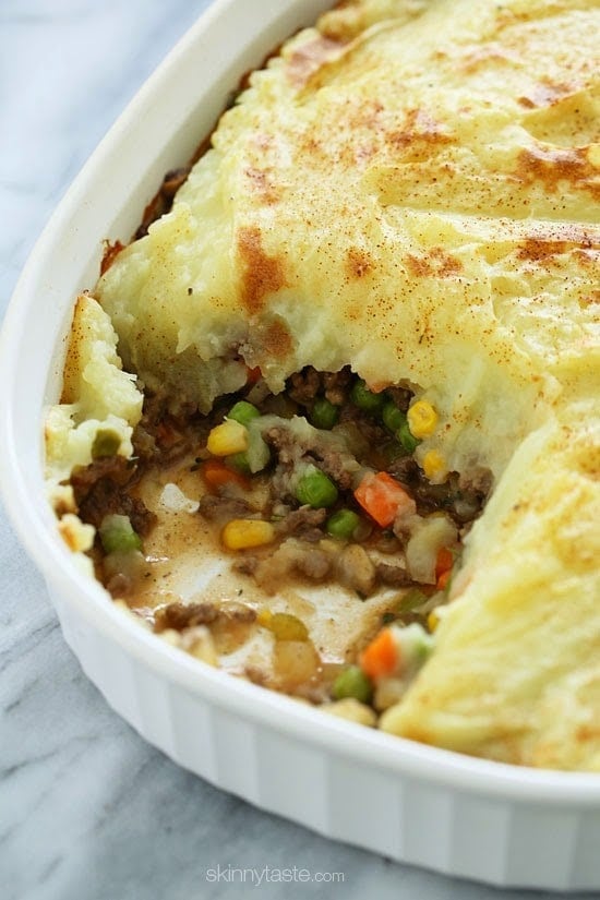 Shepherd's Pie, Lightened Up This lightened up Shepherd's Pie recipe, filled with lean ground beef, veggies, and topped with yukon gold mashed potatoes would be perfect for all you meat and potato lovers out there!