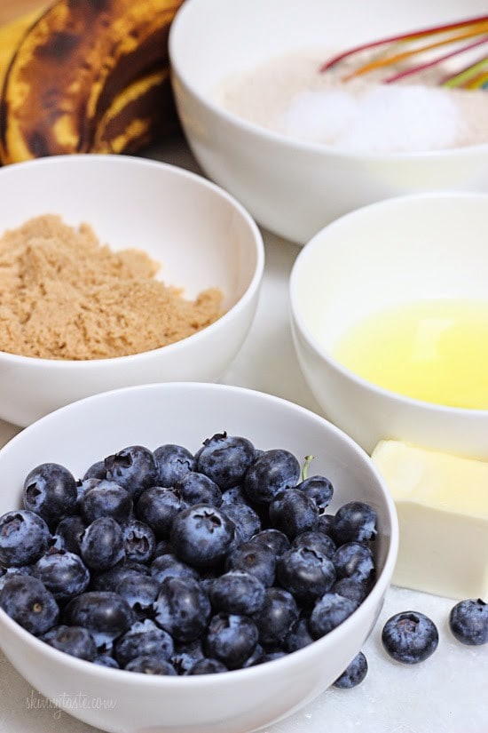 This blueberry banana combination goes so well together and makes a super moist bread. Using lots of very ripe sweet bananas allows you to cut back on the fat without sacrificing the flavor and texture.