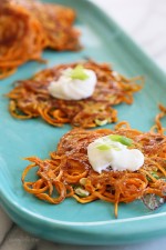 5-ingredient Sweet Potato Latkes – a healthier take on the traditional deep fried potato pancakes, these are lightly pan fried in a small amount of olive oil, made with sweet potatoes instead of white and made EASY by using a spiralizer because it eliminates the need to grate the potatoes, which can take a lot of time.