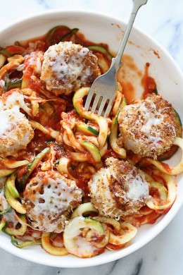 Baked Shrimp Parmesan over Zucchini Noodles – an easy, light and delicious shrimp dish made in under 30 minutes!