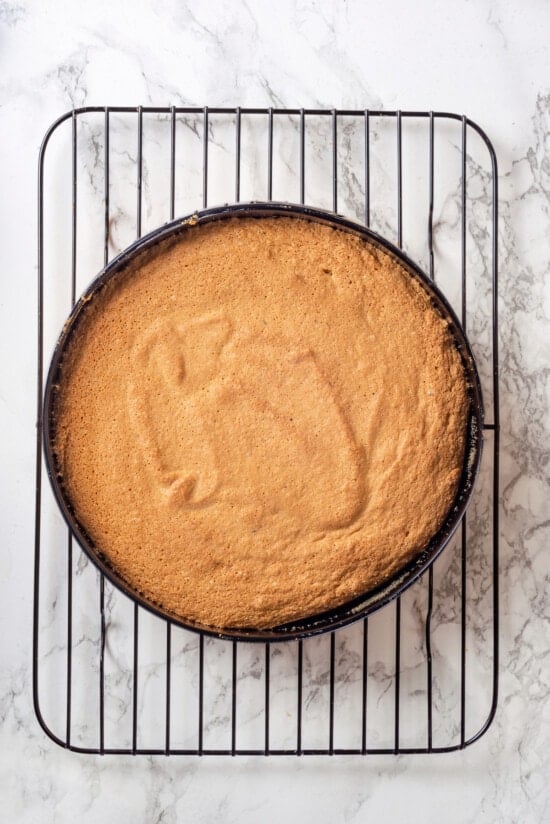 This easy almond cake recipe is made with just 5 ingredients but don't let its simplicity fool you—it's light, airy, and so delicious! Overhead view of baked almond cake in pan