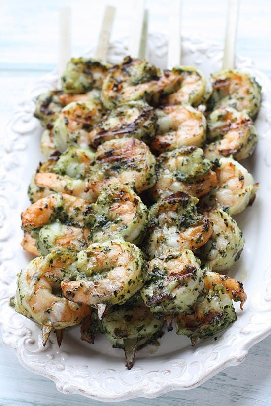 Grilled Pesto Shrimp Skewers These easy Grilled Pesto Shrimp Skewers are made with homemade basil pesto, you'll want to make them all summer long!